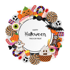 halloween background with candies, cupcakes and cookies