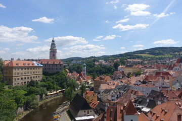 Town view with red roofs and vltava river during summer in Český Krumlov (Cesky Krumlov), a town in the South Bohemian Region, Czech Republic, a UNESCO World Heritage Site, Gothic, Renaissance, Baroq