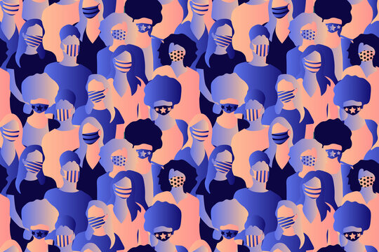 Diversity And Inclusion. Women Crowd Wearing Medical Masks Abstract Seamless Pattern. Repetitive Abstract Vector Illustration Of Women Crowd. Stylish Medical Mask, Women Crowd, Freedom. EPS10.