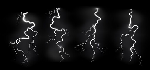 Lightnings storm. Realistic blitz electric sky lightning on black background with power strike effects. White glowing thunder light sparks, thunderstorm climate objects, vector isolated set - obrazy, fototapety, plakaty