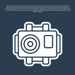 Blue line Photo camera for diver icon isolated on blue background. Foto camera icon. Diving underwater equipment. Vector