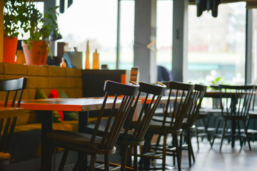 Stylish interior of restaurant, inside an empty restaurant or cafe, bar.