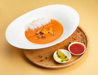 Traditional soup tom yam. In a plate on a light background.