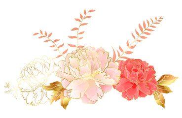 Floral decorative vignette with pink and red peonies flowers