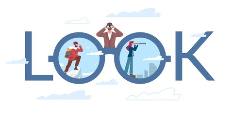 Look at world. Travel and world exploration poster. Man and woman looking through binoculars at city or nature. Lettering design. People admire landscape with telescope. Vector concept - obrazy, fototapety, plakaty