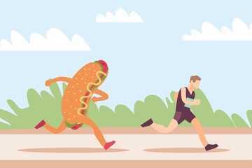 Obraz na płótnie Canvas Running away from junk food. Hot dog mascot stalking sportsman. Athletic man jogging for slimming. Weight loss training. Unhealthy meal chasing to runner. Outdoor workout. Vector concept