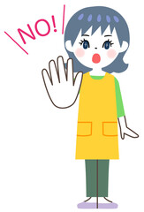 「ノー！」と言うエプロン姿の女性
