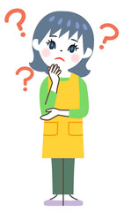考えるエプロン姿の女性