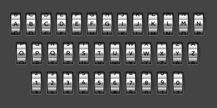 Combination lock font. Realistic mechanical code. Rotating alphabet. Bank safe wheels set with letters and numbers. Secret options. Spinning elements kit. Vector vault signs variation