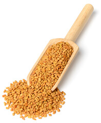 fenugreek seeds in the wooden scoop, isolated on the white background