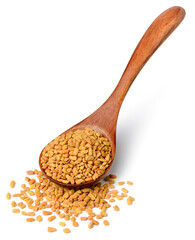 fenugreek seeds in the wooden spoon, isolated on the white background