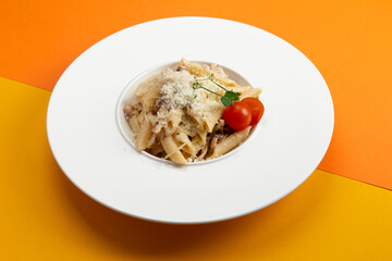 Pasta with cheese and tomatoes. In a plate.