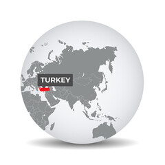 World globe map with the identication of Turkey. Map of Turkey. Turkey on grey political 3D globe. Asia map. Vector stock.