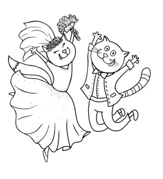Newlyweds. Bride and groom cats jumping for joy on their wedding day. Wearing classical suit and puffy dress and a veil. Black and white funny cartoon illustration. Coloring book page. 