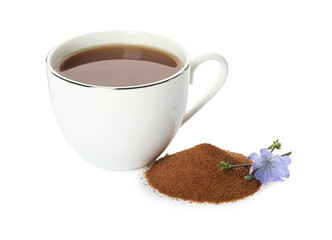Cup of delicious chicory drink, powder and flower on white background