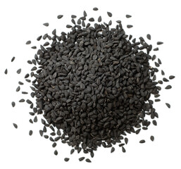 black cumin seeds isolated on the white background, top view