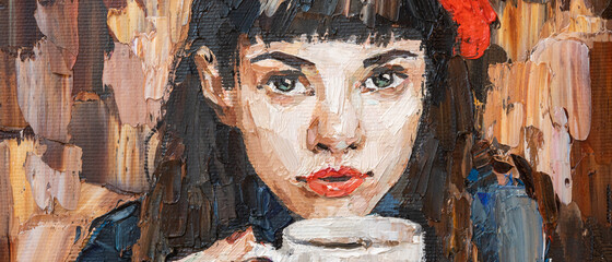 .The girl in the red beret..A woman is drinking coffee in a cafe. Oil painting on canvas. - obrazy, fototapety, plakaty
