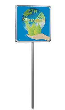 Schild mit Konzept für Klimafreundlichkeit. Mit Erde und Hand in der Blätter wachsen. 3d rendering