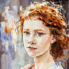 .The girl with red hair on a light background. Oil painting on canvas.