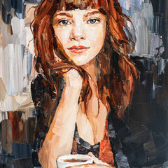 .The girl is drinking coffee in a cafe. Woman with a cup in her hand. Oil painting on canvas.