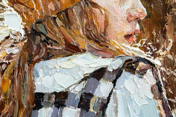 .The girl in the rays of the setting sun. Little girl in a cap on a warm background. Oil painting on canvas.