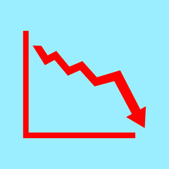 Red arrow going down stock icon on blue background. flat style. Bankruptcy, financial market crash icon for your web site design, logo, app, UI. graph chart downtrend symbol. chart going down sign.