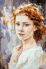 .The girl with red hair on a light background. Oil painting on canvas.