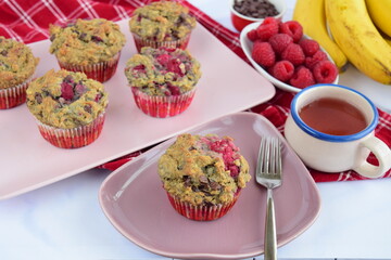 Homemade raspberry banana chocolate chip muffins