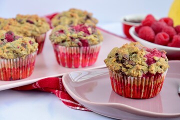 Homemade raspberry banana chocolate chip muffins
