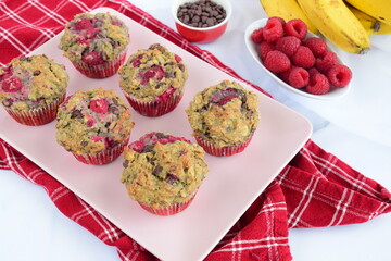 Homemade raspberry banana chocolate chip muffins