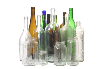 group of bottles and jars on white background