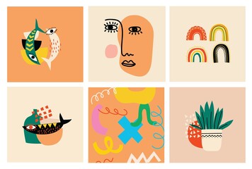 Set of hand drawn various faces, shapes and doodle objects. Abstract contemporary modern vector illustration.