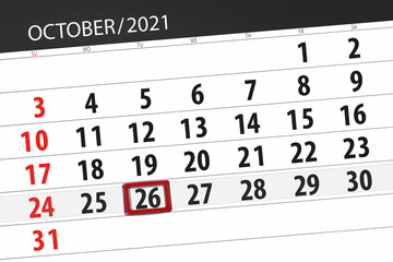 Obraz premium Calendar planner for the month october 2021, deadline day, 26, tuesday