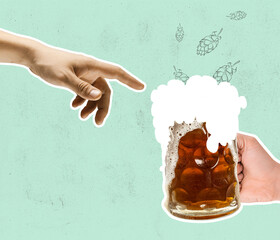 Contemporary art collage with hand touching beer glass with lager, crafted cold frothy beer. Concept of festival, national traditions, drinks and holidays, octoberfest