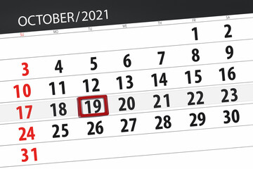 Calendar planner for the month october 2021, deadline day, 19, tuesday