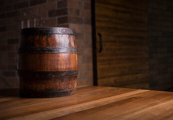 cellar with barrels for storage of wine, Italy