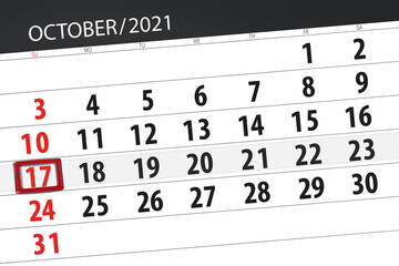 Calendar planner for the month october 2021, deadline day, 17, sunday