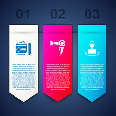 Set Cream or lotion cosmetic tube, Hair dryer and Man in the sauna. Business infographic template. Vector