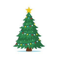 Decorated Christmas tree with colorful garland and yellow star on top. Design element for winter, Christmas, New Year greeting cards, banners, printing. Flat vector illustration