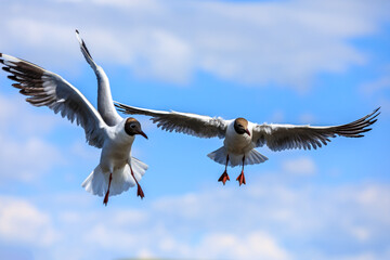 Two black-headed gull flying in the blue sky.The graceful posture of the bird in mid air.