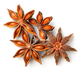 chinese star anise fruits isolated on the white background, top view