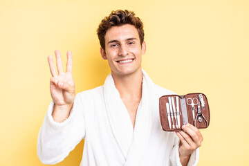 smiling and looking friendly, showing number three or third with hand forward, counting down. nails...