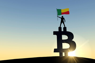 Person waving a benin flag standing on top of a bitcoin cryptocurrency symbol. 3D Rendering