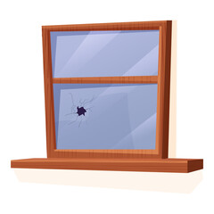 Wooden window with broken, cracked glass in cartoon style isolated on white background. Accident, abandoned construction.