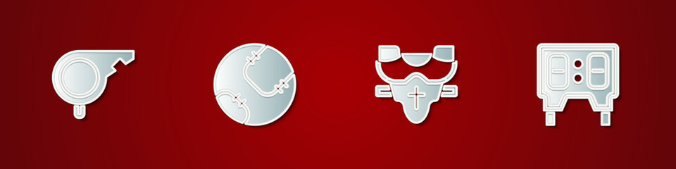 Set Whistle, Baseball ball, Player chest protector and mechanical scoreboard icon. Vector