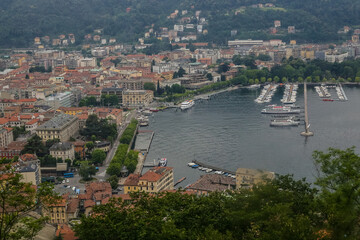Fototapeta na wymiar View of Como Town and Lake on a Rainy Day