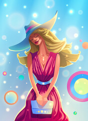 Beautiful woman in red dress with hat in summer sunny weather illustration in vector. Romantic card with wonderful lovely girl on meet with lush hair and a charming smile.