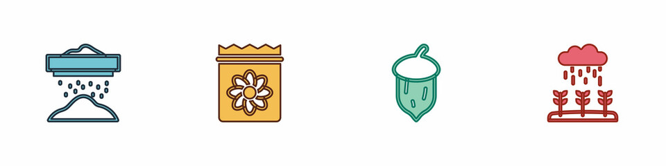 Set Sifting flour, Pack full of seeds of plant, Acorn, oak nut, and Plant sprouts grow the rain icon. Vector