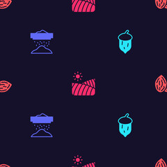 Set Acorn, oak nut, seed, Sifting flour, Agriculture wheat field and Seed on seamless pattern. Vector
