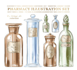 Set of hand drawn digital illustrations of vintage porcelain pharmacy containers with labels and golden decoration for books, graphic design, package, posters, web design, labels, postcards